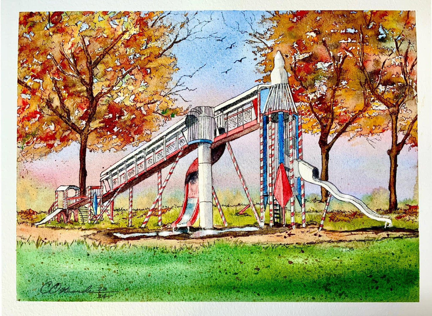 “Rocket Slide”  Christy Ostrander Original Watercolor Print 9x12