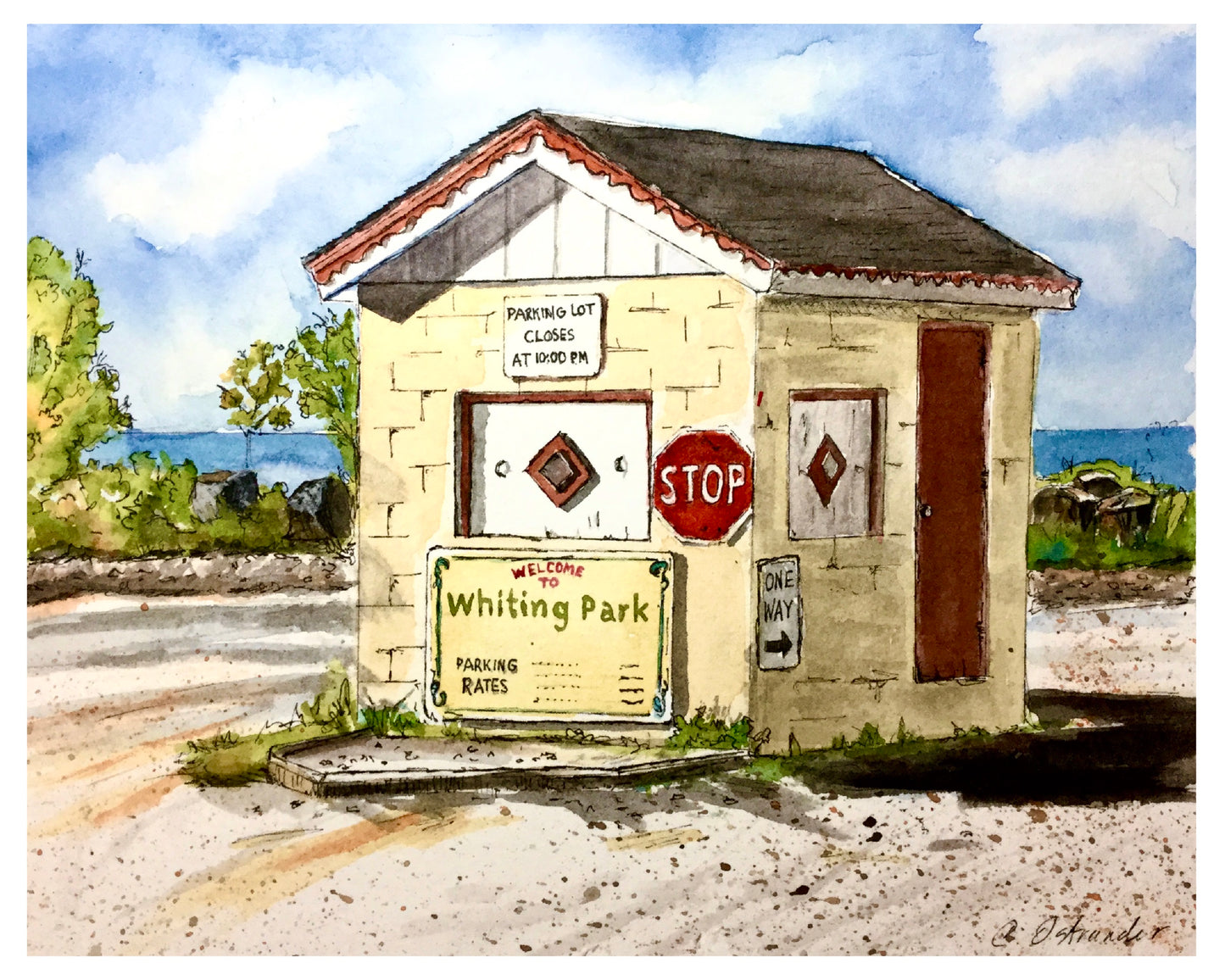 “The Old Whiting Park Lot”  Christy Ostrander Original Watercolor and Ink print 8x10