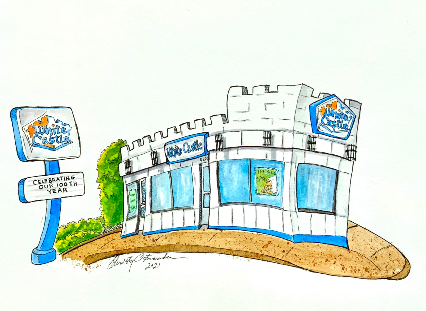 “White Castle 100th Anniversary”  Christy Ostrander Original Watercolor and Ink print 8x10